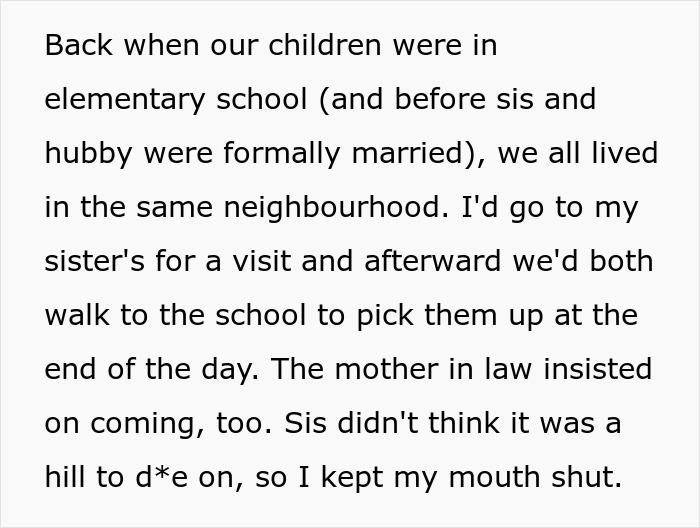 Text about mother-in-law insisting on joining school pickup despite objections Text about mother-in-law insisting on joining school pickup despite objections