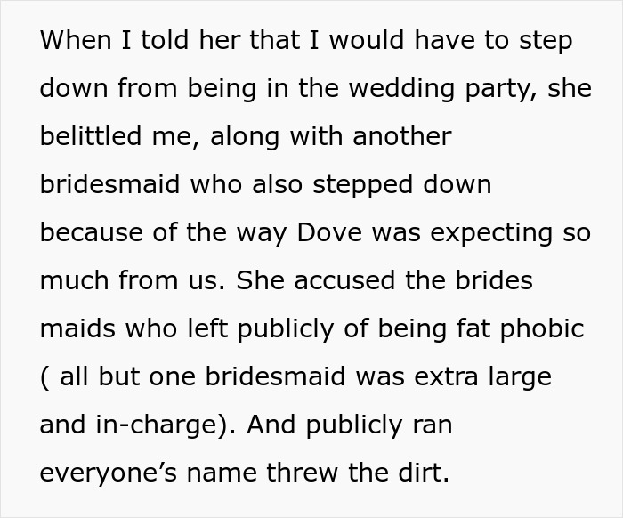 Text describing bridesmaids stepping down from a bride's wedding party