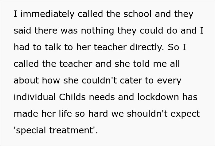Text screenshot, mom blasts school for teacher's response to 11yo chemotherapy patient's needs, denying special treatment. Text screenshot, mom blasts school for teacher's response to 11yo chemotherapy patient's needs, denying special treatment.
