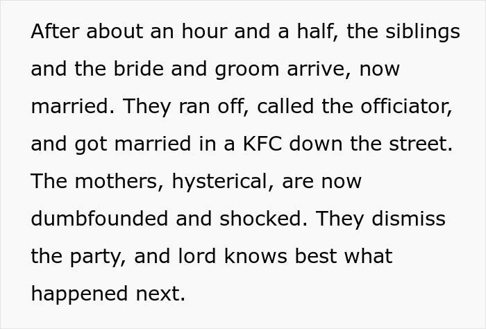 Text describing bride and groom marrying at KFC after wedding fallout