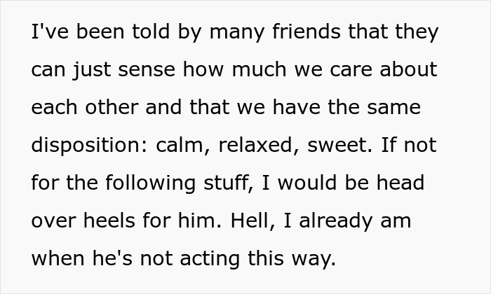 Screenshot of text expressing deep affection for a partner despite issues, hinting at the toxic guy's jealousy and ridiculous rules.