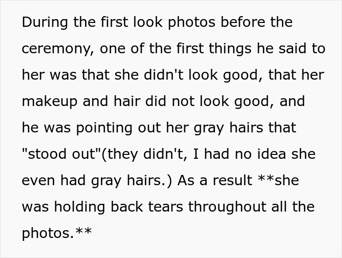 A screenshot of text describing a groom making his wedding all about him, causing the bride to hold back tears.