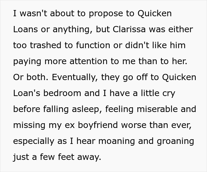 The woman describes a selfish friend and her blind date going to the bedroom, leaving her to cry. The woman describes a selfish friend and her blind date going to the bedroom, leaving her to cry.