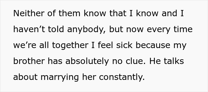 Screenshot of text about feeling sick over brother unaware of explicit photos