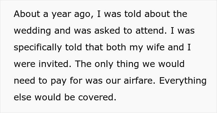 Text post detailing the invitation process for a destination wedding, confirming wife's attendance. Text post detailing the invitation process for a destination wedding, confirming wife's attendance.
