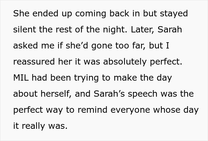 The MIL returns to the wedding after the confrontation, staying silent for the rest of the night.