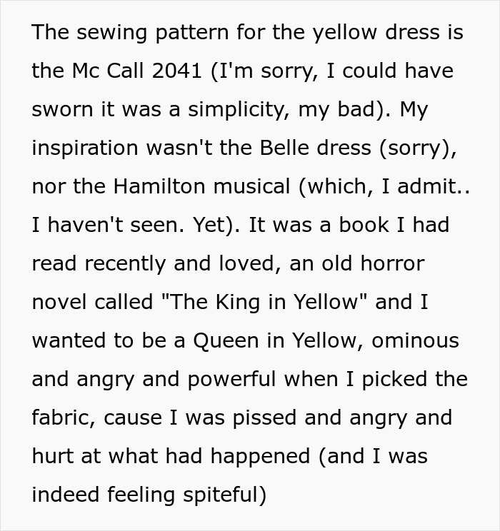 Text explaining sewing pattern and inspiration for the yellow dress