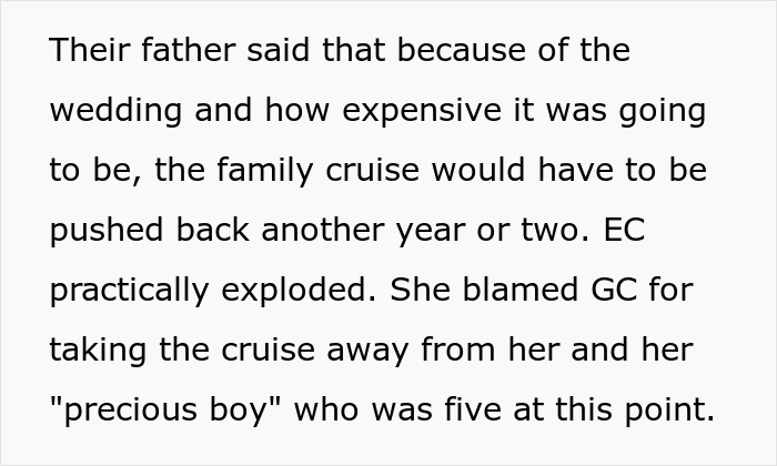 Text snippet explaining that due to an expensive wedding, the family cruise was postponed, making an entitled woman furious.