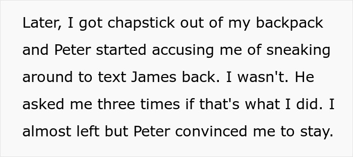 A screenshot from a story about a toxic guy accusing his girlfriend of sneaking texts, demonstrating his jealousy.