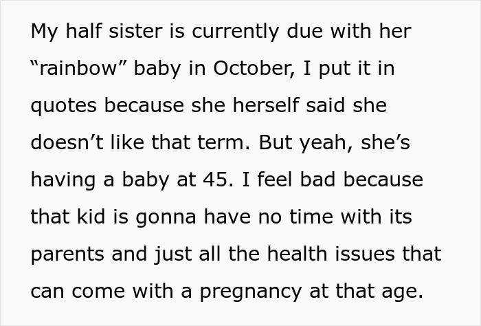 Text about half sister expecting a rainbow baby at 45 and related health concerns Text about half sister expecting a rainbow baby at 45 and related health concerns