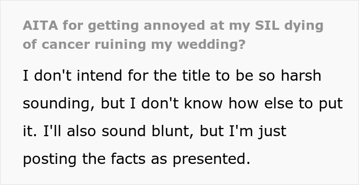 Couple Gets Annoyed That SIL With Cancer Is Taking Away From Their Wedding, It's Way Worse Than That Couple Gets Annoyed That SIL With Cancer Is Taking Away From Their Wedding, It's Way Worse Than That