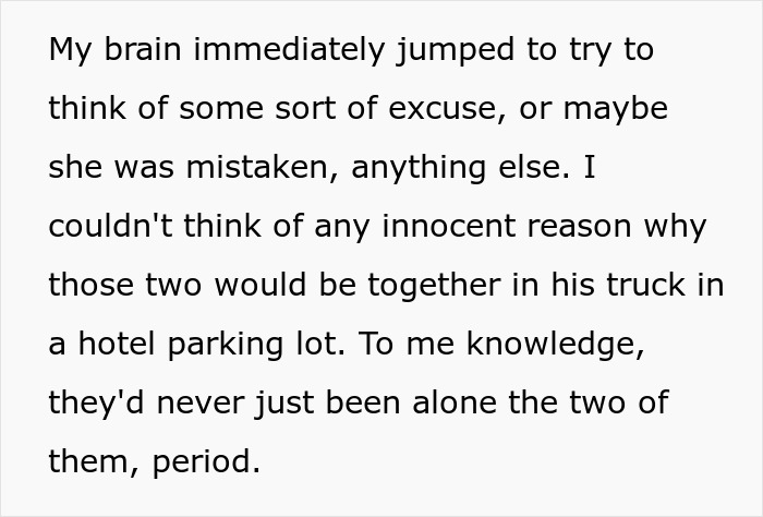 A woman thinks about her suspicions over her husband and another person in a hotel parking lot. A woman thinks about her suspicions over her husband and another person in a hotel parking lot.