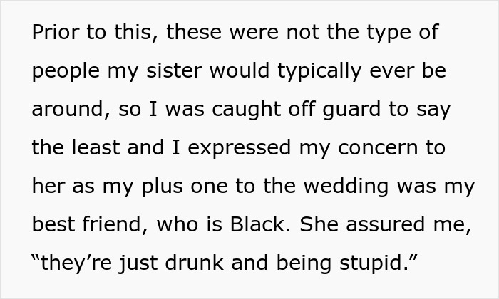 Text shows a woman expressing concern about her sister marrying into a racist family and their behavior. Text shows a woman expressing concern about her sister marrying into a racist family and their behavior.