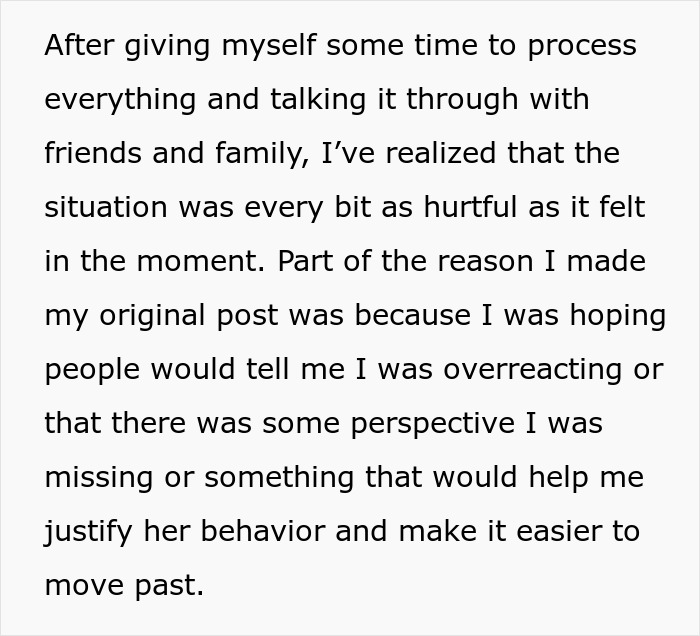 Text explaining hurtful MOH situation and seeking perspective on bride behavior
