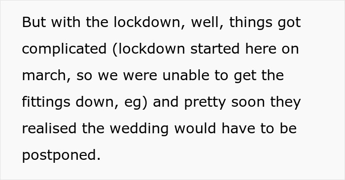 Text explaining lockdown complications delaying wedding dress fittings and wedding