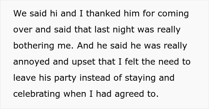 A screenshot of text about a conversation where a boyfriend was upset his introverted girlfriend left his party. A screenshot of text about a conversation where a boyfriend was upset his introverted girlfriend left his party.