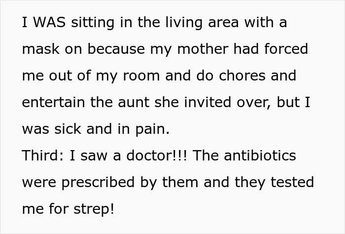 A woman is told to leave home after refusing to follow one rule. A text block explains her being sick with strep.