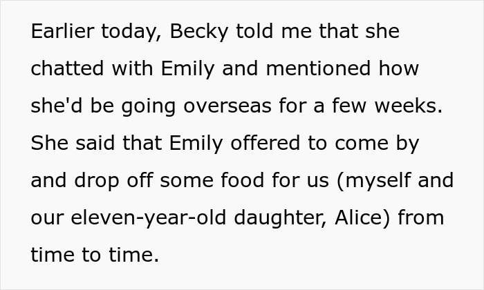Text describing the friend's offer to bring food, an excuse for the 'creepy friend' to get closer and plot.