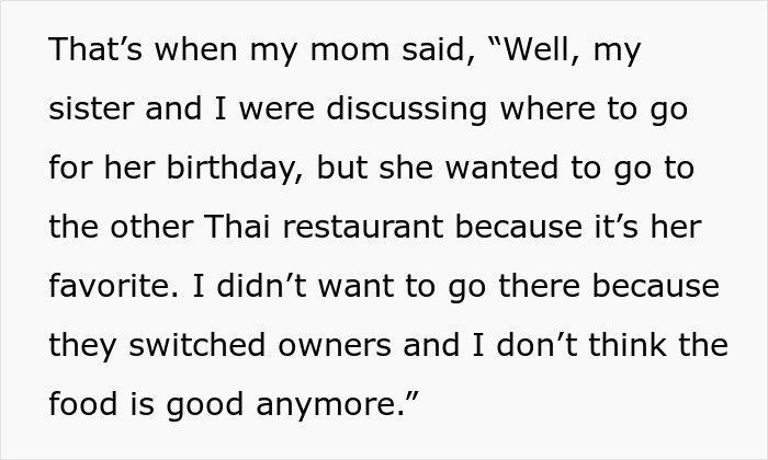 Screenshot of text: Mom defends changing aunt's birthday plans because of a preferred restaurant. Mom hijacks birthday plans. Screenshot of text: Mom defends changing aunt's birthday plans because of a preferred restaurant. Mom hijacks birthday plans.