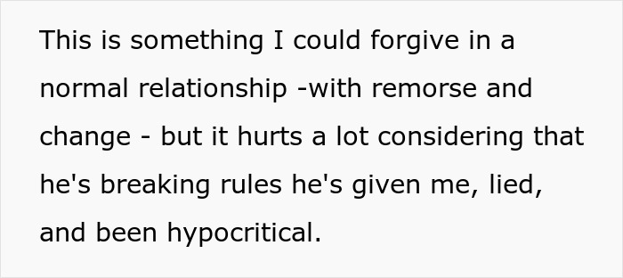 Text about a toxic guy's hypocrisy and broken rules, highlighting the negative impact of his jealousy.