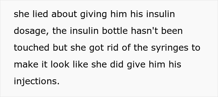 Text revealing a MIL lied about giving insulin, hiding syringes to fake compliance.