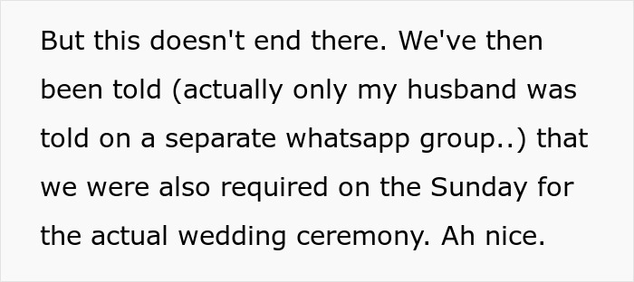 Text about being told to attend Sunday wedding ceremony through a separate WhatsApp group Text about being told to attend Sunday wedding ceremony through a separate WhatsApp group