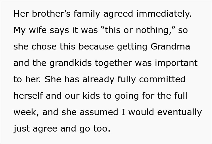 Wife committed to the dreaded annual family trip with in-laws, expecting husband to join.