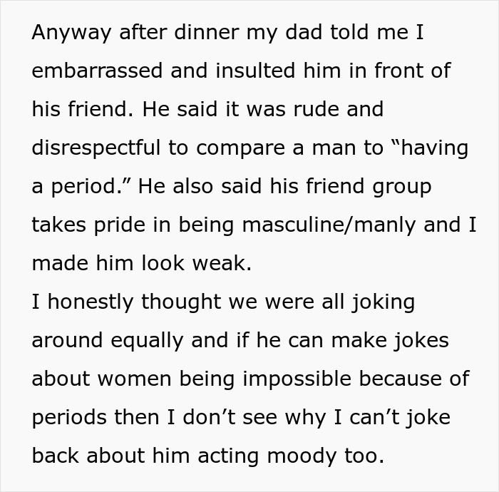 Text about a teen calling out dad's double standard regarding women's periods and humiliation. Text about a teen calling out dad's double standard regarding women's periods and humiliation.