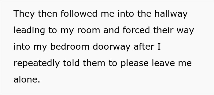A woman is followed by her parents into her bedroom doorway after she refused to follow a rule.