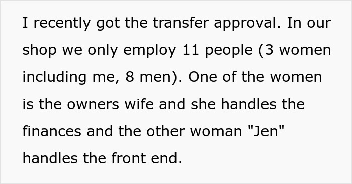 Text excerpt detailing staff composition and roles at a workplace Text excerpt detailing staff composition and roles at a workplace