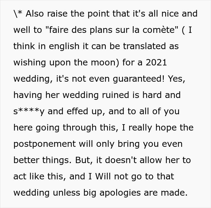 Concern about uncertain wedding plans and refusal to attend without apology