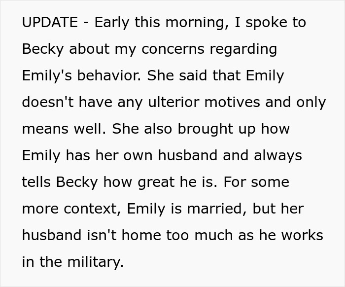 Text snippet about a creepy friend flirting with hubby, discussing Emily's behavior and intentions.