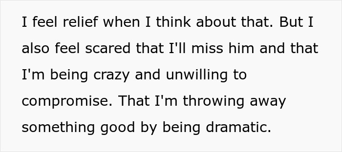 Screenshot of text revealing feelings about leaving a toxic guy and his ridiculous rules.