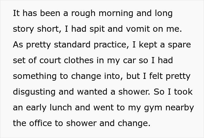 Screenshot of text explaining a rough morning leading to a woman needing a shower at the gym. Screenshot of text explaining a rough morning leading to a woman needing a shower at the gym.