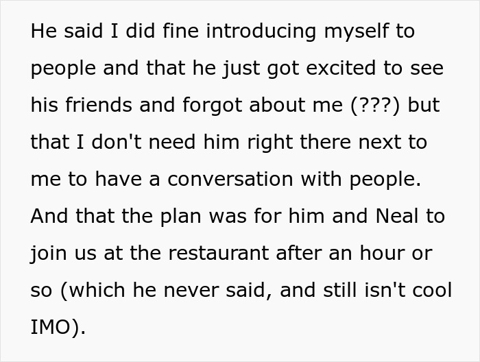 A screenshot of text about the introverted GF's boyfriend's excuses for neglecting her during the bar crawl. A screenshot of text about the introverted GF's boyfriend's excuses for neglecting her during the bar crawl.