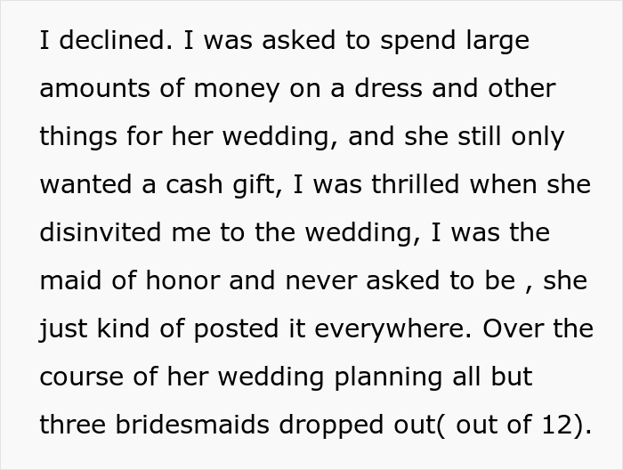 Text about a bride's wedding planning and bridesmaids dropping out