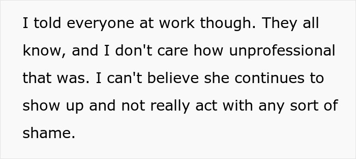 A woman expresses her suspicions over husband's actions, stating she told everyone at work about her unprofessional situation. A woman expresses her suspicions over husband's actions, stating she told everyone at work about her unprofessional situation.