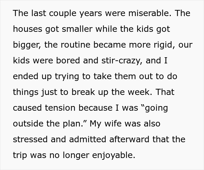 Text detailing how a husband's family trip with in-laws became miserable due to rigid routines and tension.