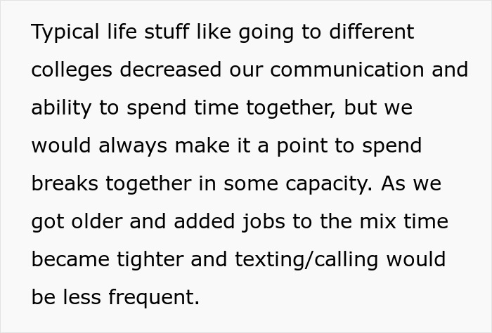 Text describing how life changes like college and jobs impacted communication in a best friend friendship, foreshadowing bridesmaid issues.