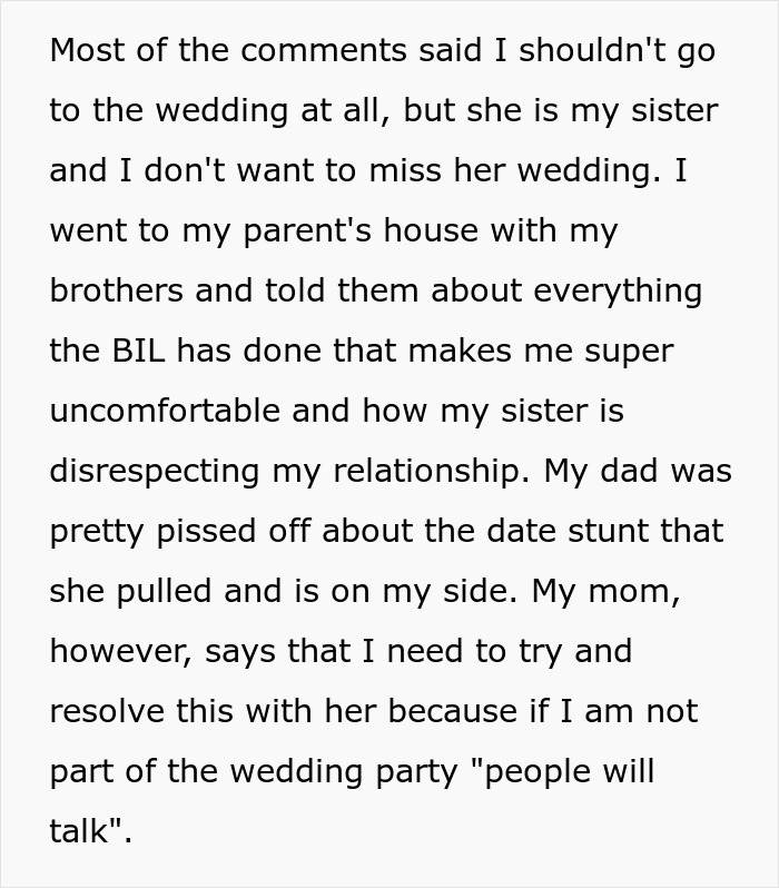 Text showing family conflict over wedding and creepy BIL advances Text showing family conflict over wedding and creepy BIL advances