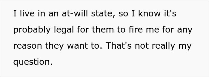 Screenshot of text about living in an at-will state, questioning job security over her hair.
