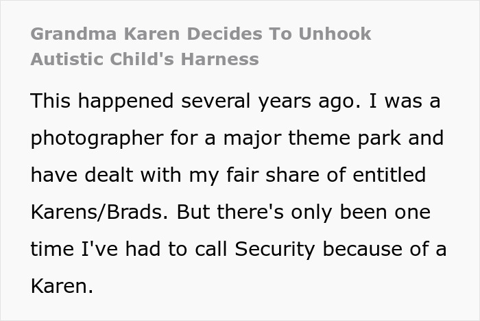 Text about grandma unhooking autistic child's harness at theme park