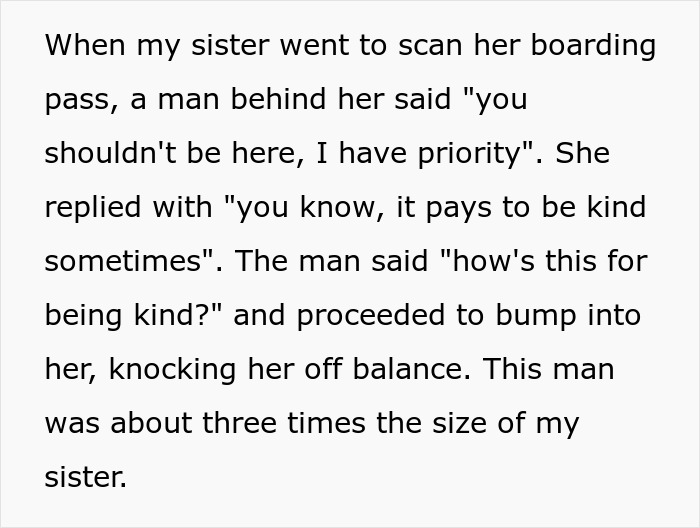 Text describing a woman's accidental wrong line entry and a shocking physical altercation at the airport. Text describing a woman's accidental wrong line entry and a shocking physical altercation at the airport.