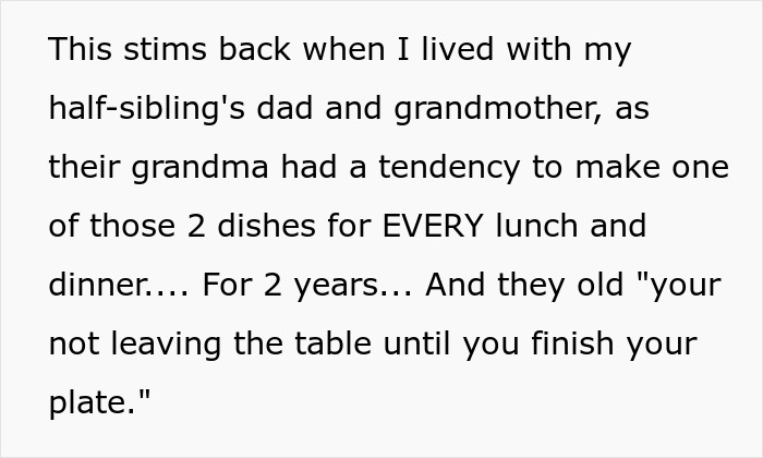 A screenshot of text explaining the origin of a kid's food issue.