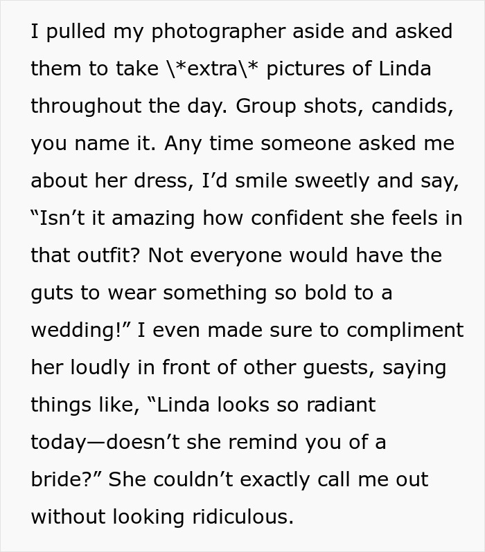 Screenshot of text explaining the bride's plan to give her MIL what she wants at the wedding.