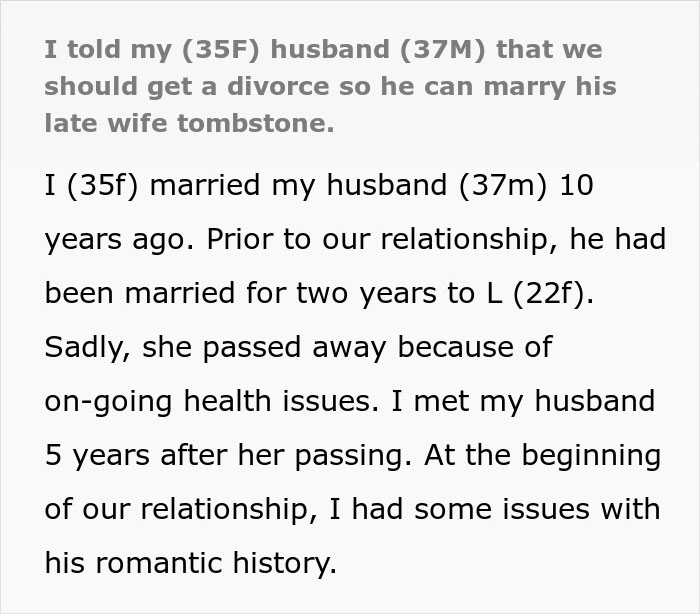 Screenshot of text about a pregnant woman telling her husband she wants a divorce because he is grieving his late ex-wife. Screenshot of text about a pregnant woman telling her husband she wants a divorce because he is grieving his late ex-wife.