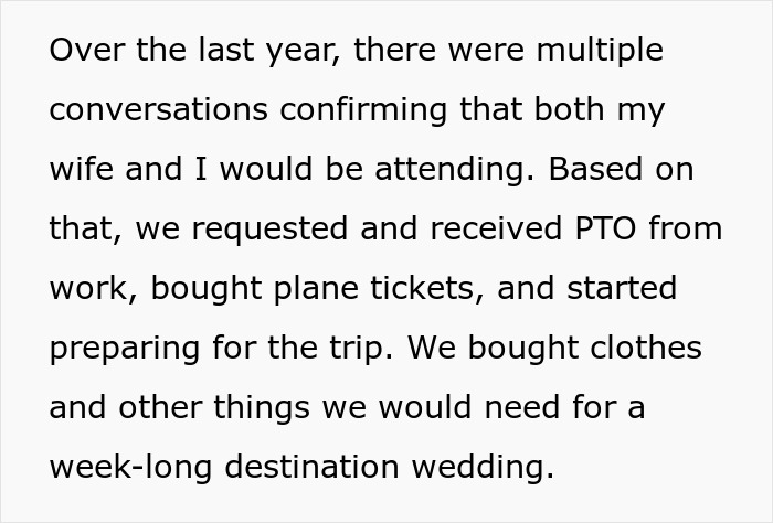 Text post discussing PTO, travel, and preparations made for a destination wedding. Text post discussing PTO, travel, and preparations made for a destination wedding.