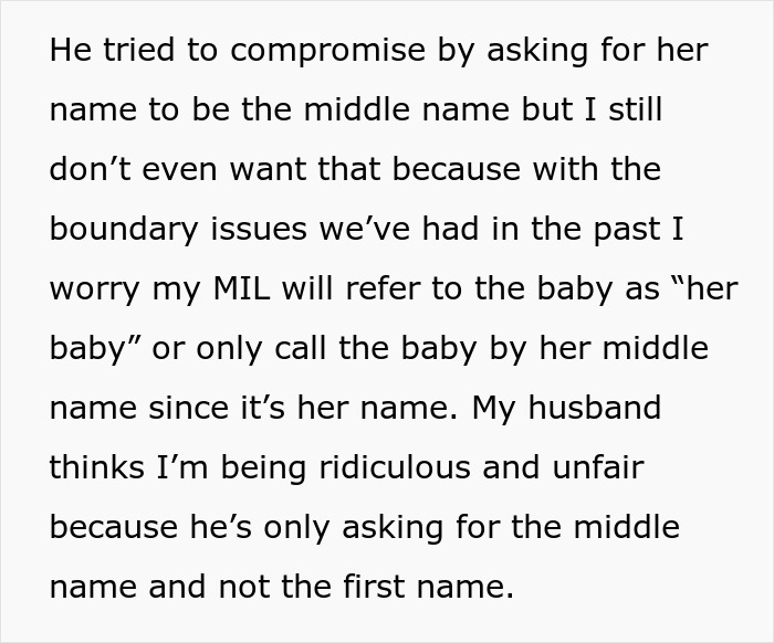 Text explaining a husband's compromise to use his mom's name as a middle name, still upsetting the wife who wonders why he never wants to honor her.