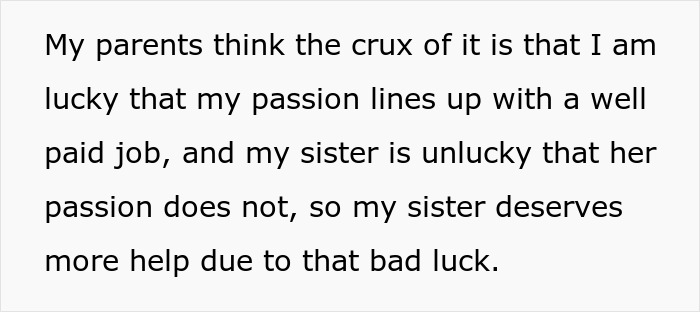 Text detailing parents' view on daughter's well-paid job versus sister's passion and bad luck with frugal life. Text detailing parents' view on daughter's well-paid job versus sister's passion and bad luck with frugal life.