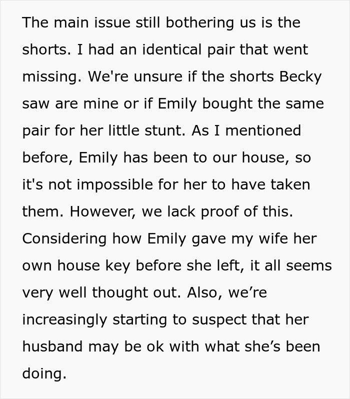 Text discussing concerns about missing shorts, part of the creepy friend's plot to steal hubby with a post-intimacy scene.